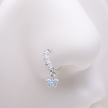 Detail View 1 of Magnificent Flower Sparkle Dangle Multi-Gem Lined Bendable Hoop Ring-Blue/Clear Gem
